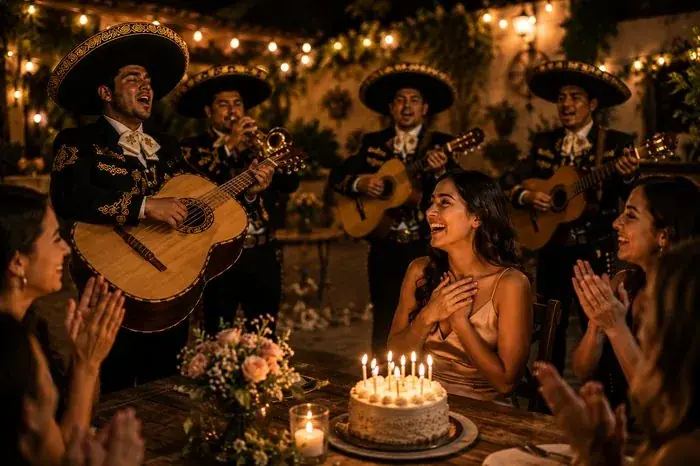Mariachi para cumpleaños en Madrid cantando Las Mañanitas con tarta
